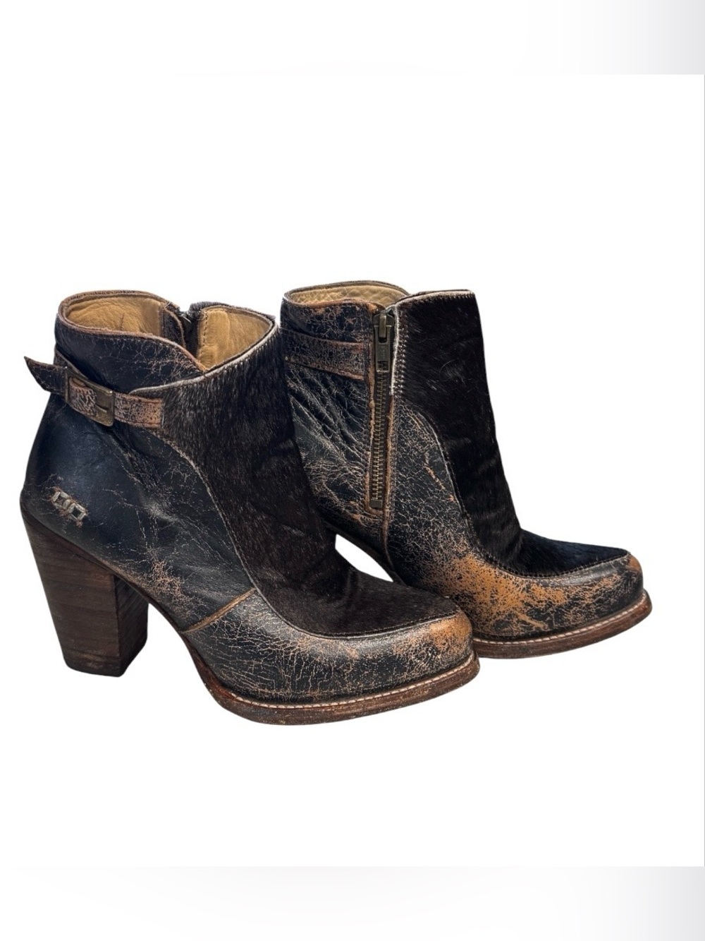 Bed-Stu Isla Women’s Brown Calf Hair Distressed Leather Ankle Boots Size 8.5